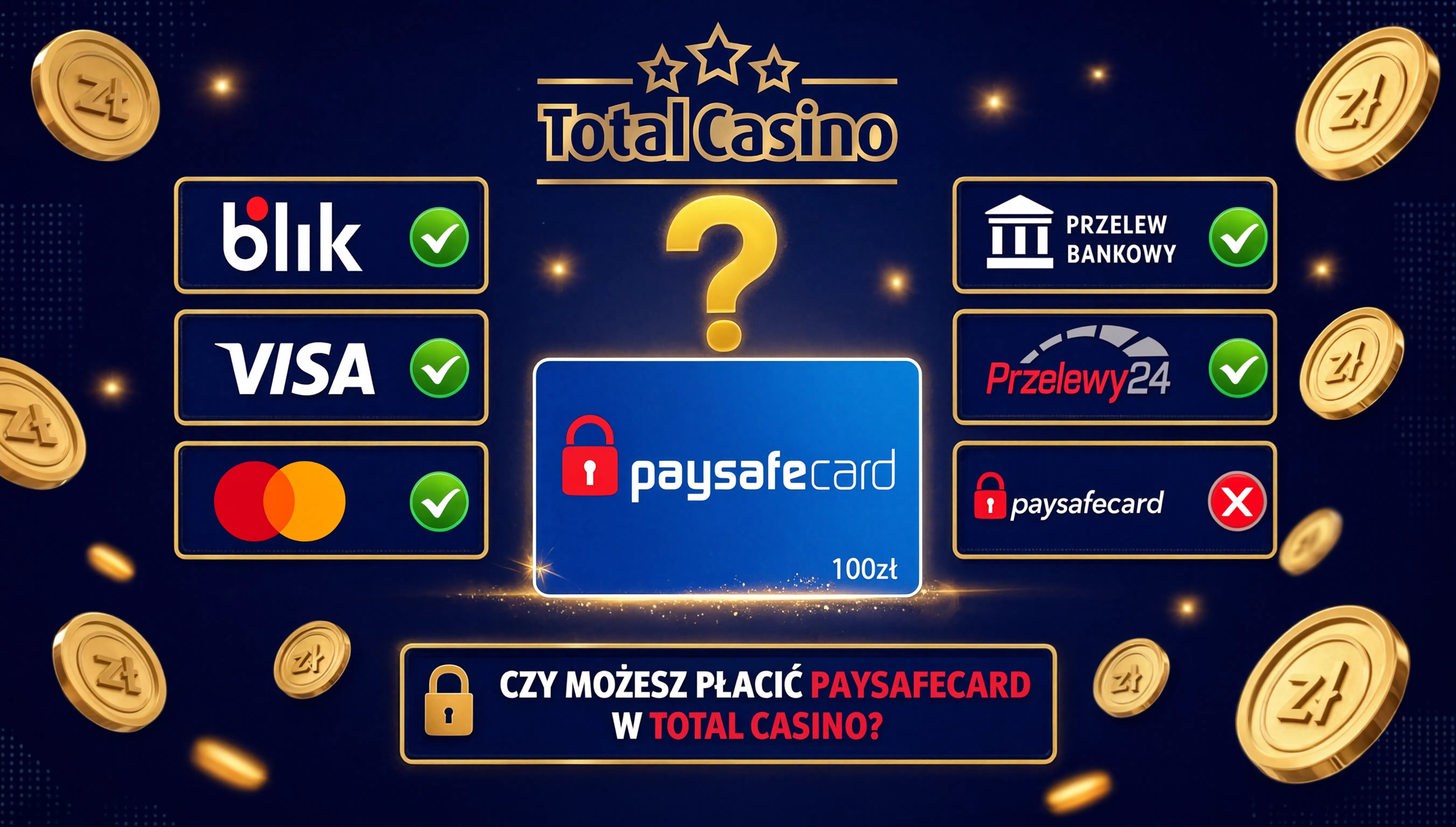 Total Casino metody płatności, brak Paysafecard, dostępne BLIK, Skrill, Apple Pay